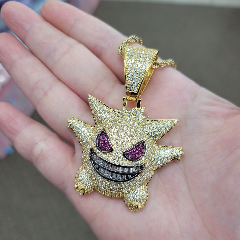 Brand New Gold Gengar Stainless Steel Rhinestone Necklace